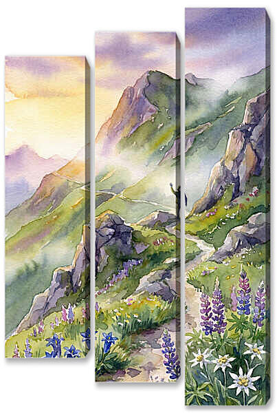 Модульная картина - Встреча в горах, акварель