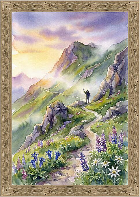 Картина - Встреча в горах, акварель