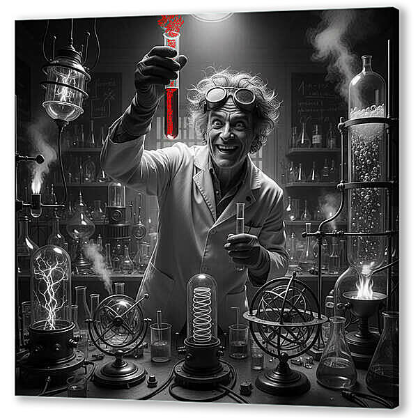 В лаборатории, чб постер с красными элементами