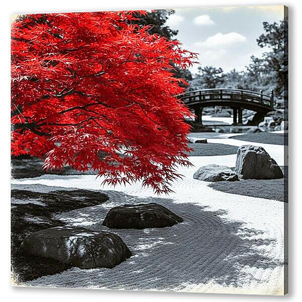 Клен в пейзаже сада камней, чб постер