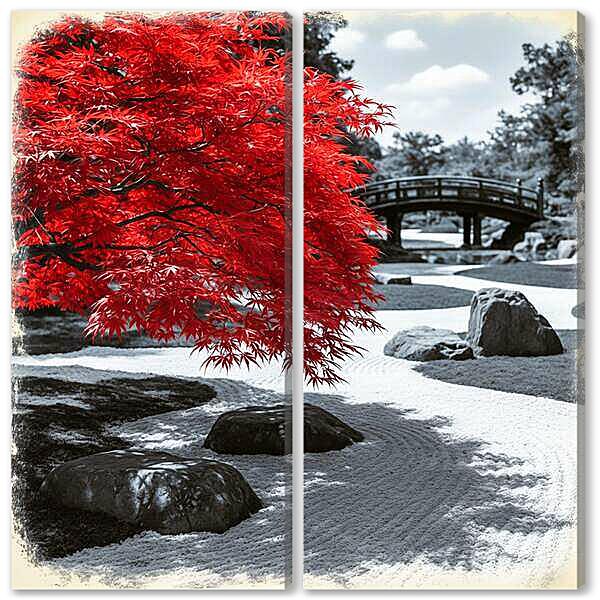 Модульная картина - Клен в пейзаже сада камней, чб постер