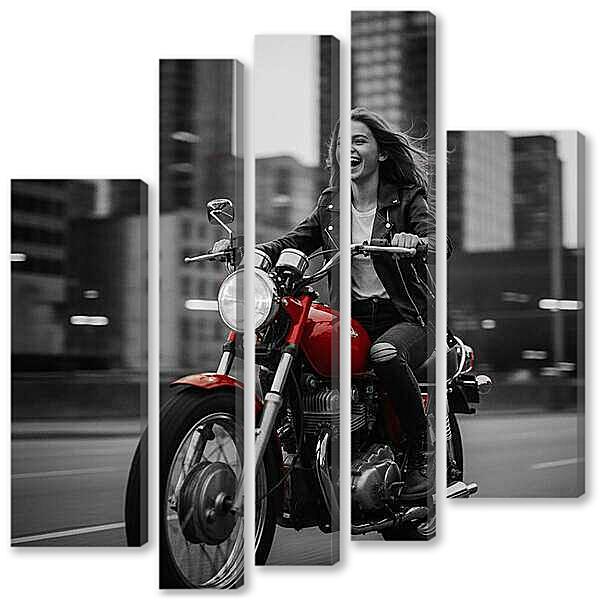 Модульная картина - Девушка на мотоцикле, чб постер с красными деталями