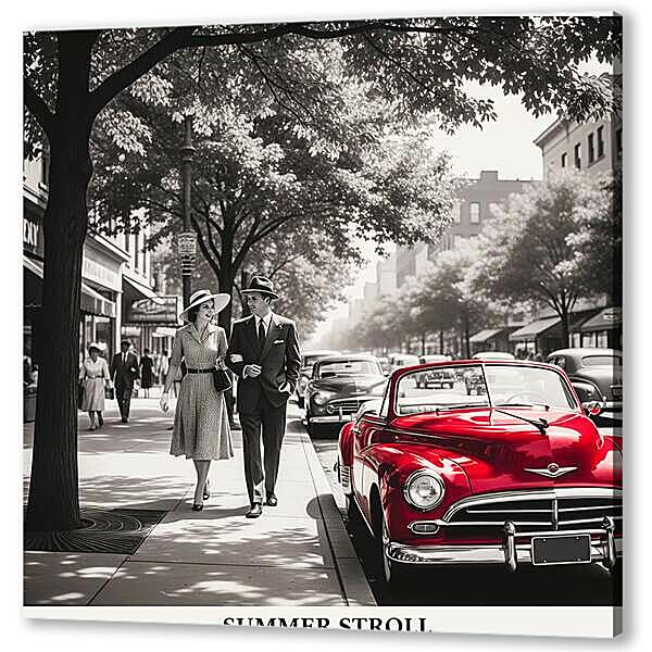 Красный ретро автомобиль, чб постер