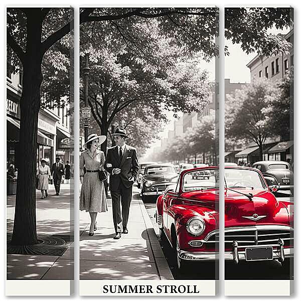 Модульная картина - Красный ретро автомобиль, чб постер