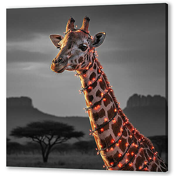 Жираф с гирляндой, чб постер с красными элементами