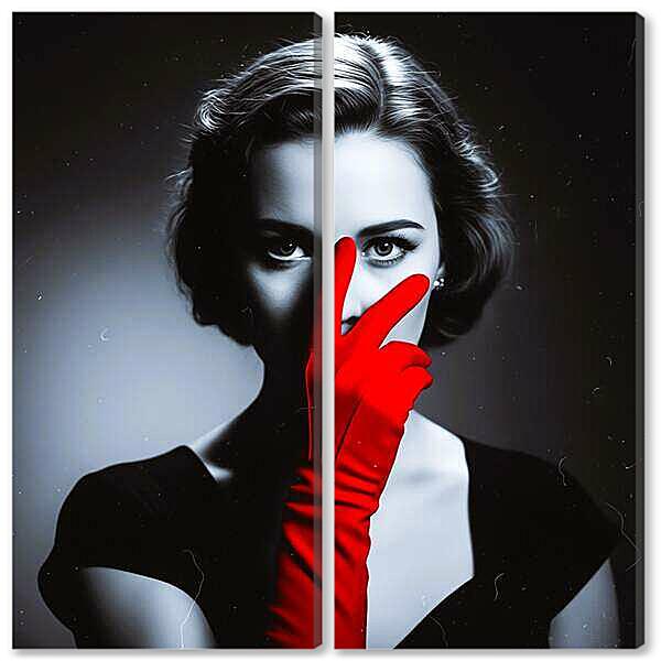 Модульная картина - Модель в красных перчатках, чб постер