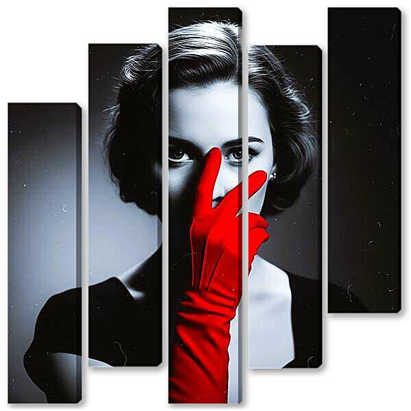 Модульная картина - Модель в красных перчатках, чб постер