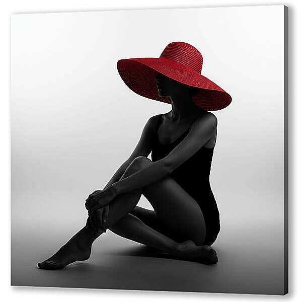 Постер (плакат) - Модель в красной шляпке, чб постер