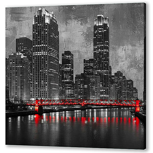 Постер (плакат) - Город, чб постер с красными элементами