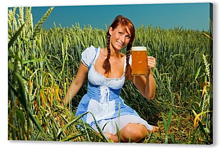 Картина маслом - Девушка поле и пиво пенное
