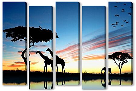 Модульная картина - Жирафы и слон. Закат в африке