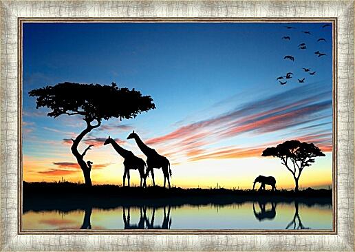 Картина - Жирафы и слон. Закат в африке