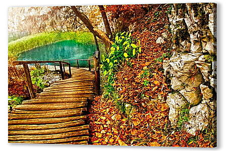 Картина маслом - Осенний мост к реке
