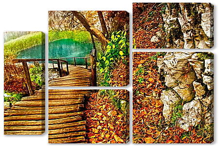 Модульная картина - Осенний мост к реке
