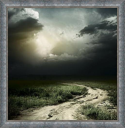 Картина - Дорога в поле и грозовые облака
