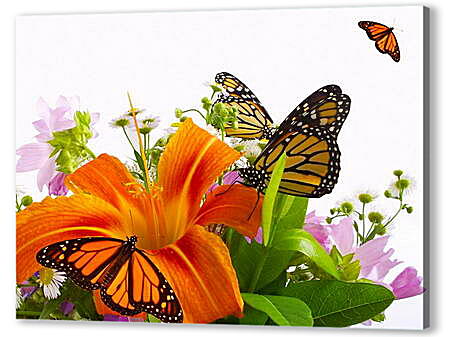 Картина маслом - Бабочки на цветке
