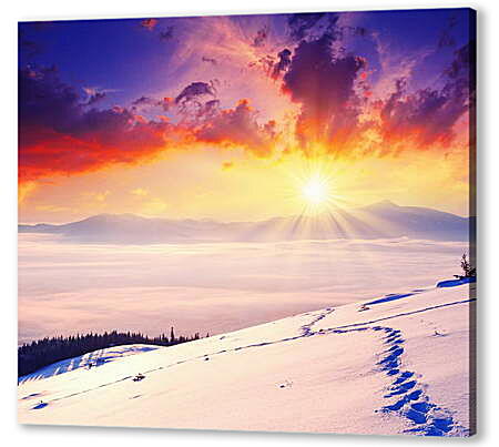 Картина маслом - Багровый закат над снежной пустыней
