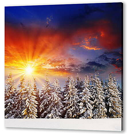 Картина маслом - Красный закат зимой
