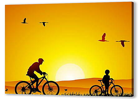 Постер (плакат) - Папа с сыном на велосипедах
