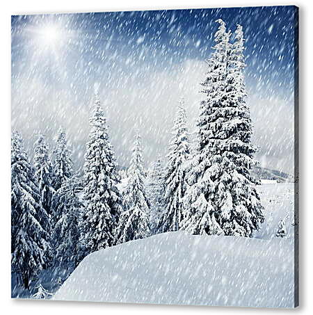 Картина маслом - Снегопад и домик в дали
