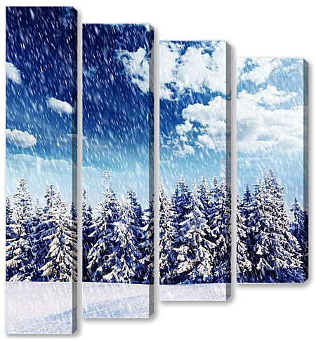 Модульная картина - Ряд снежных елей и снегопад
