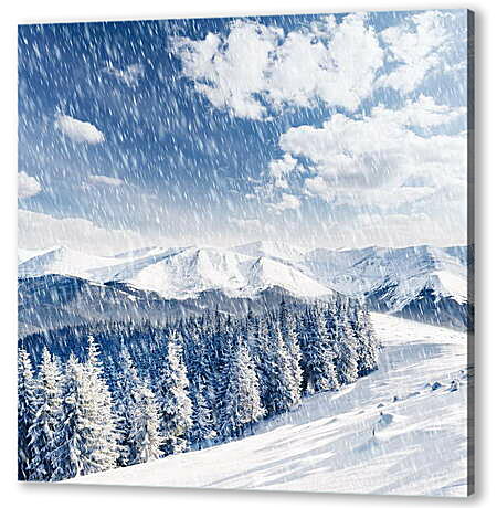 Картина маслом - Снегопад в горах
