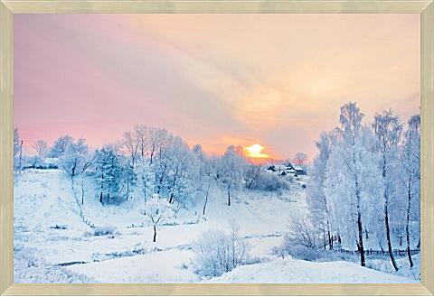 Картина - Розовый закат зимой