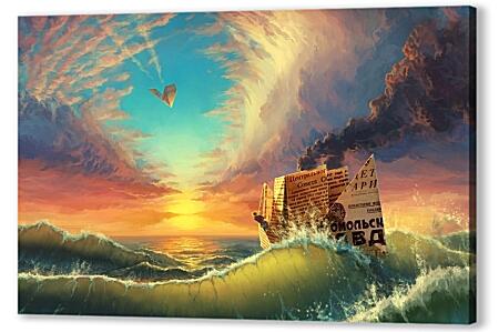 Постер (плакат) - Бумажный кораблик в море