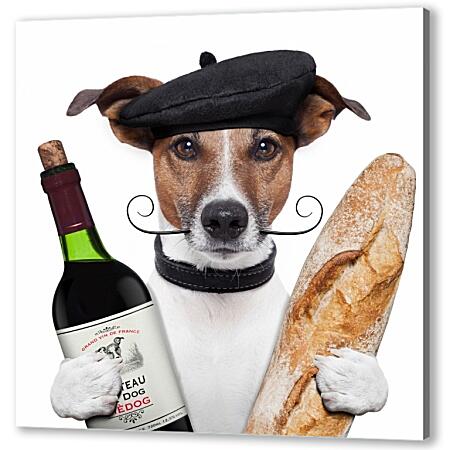 Картина маслом - Французская собака с багетом и бутылкой вина