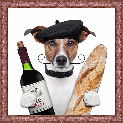 Картина - Французская собака с багетом и бутылкой вина