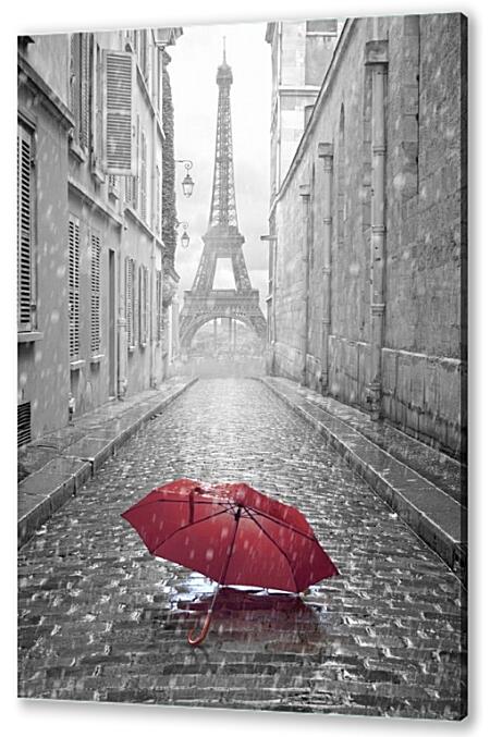 Картина маслом - Красный зонт на фоне Эйфелевой башни