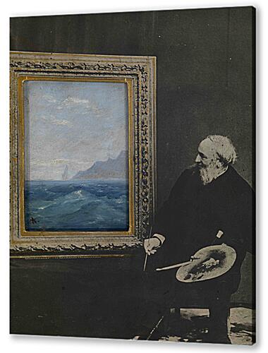 Self-Portrait with a Seascape, signed with an initial. Photocollage with oil on card	
