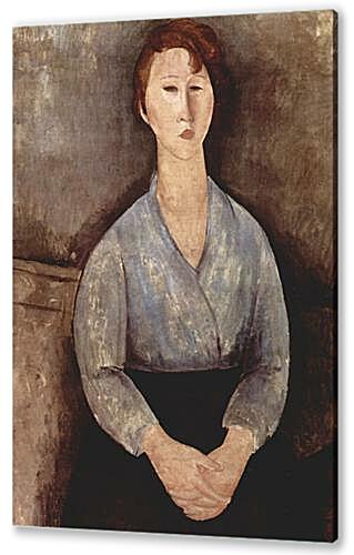 Постер (плакат) - Sitzende Frau mit blauer Bluse	
