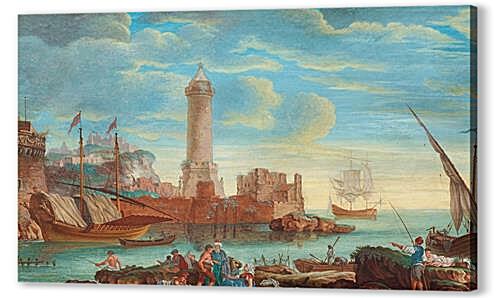 Картина маслом - Sydlandsk hamnbild med figurer och batar.
