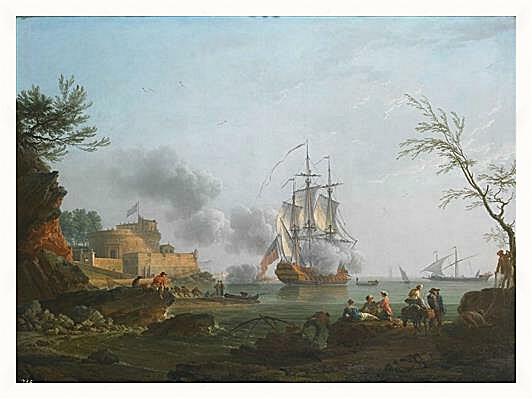 Картина - The entrance to a harbor with a ship firing a salute
