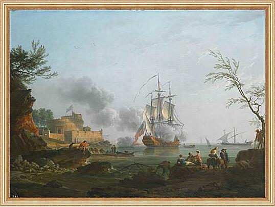 Картина - The entrance to a harbor with a ship firing a salute

