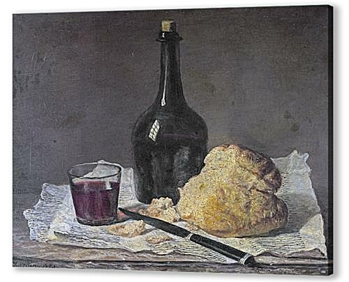 Картина маслом - Натюрморт со стеклянной бутылкой и хлебом
