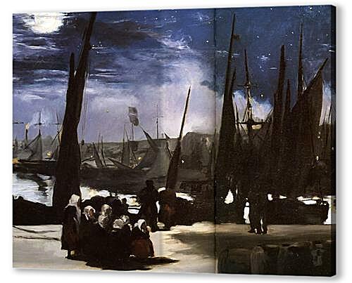 Clair de Lune sur le port de Boulogne,Moonlight on the wearing of Boulogne, Huile sur toile
