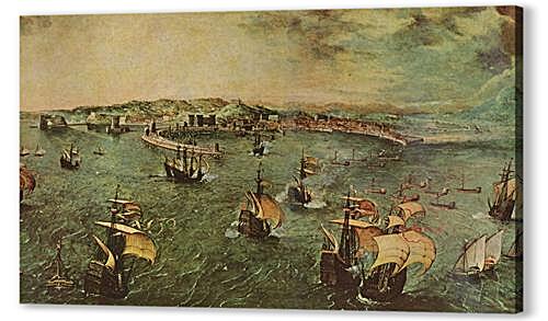 Картина маслом - Морской бой в гавани Неап

