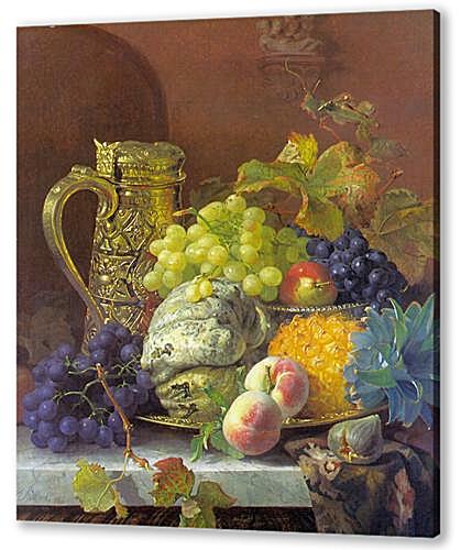 Fruits on a tray with a silver flagon on a marble ledge
