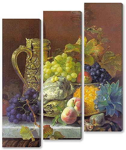 Модульная картина - Fruits on a tray with a silver flagon on a marble ledge
