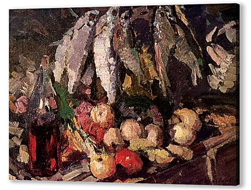 Картина маслом - Рыбы, вино и фрукты
