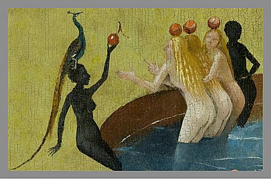 Картина - The Garden of Earthly Delights, center panel (Detail women with peacock)