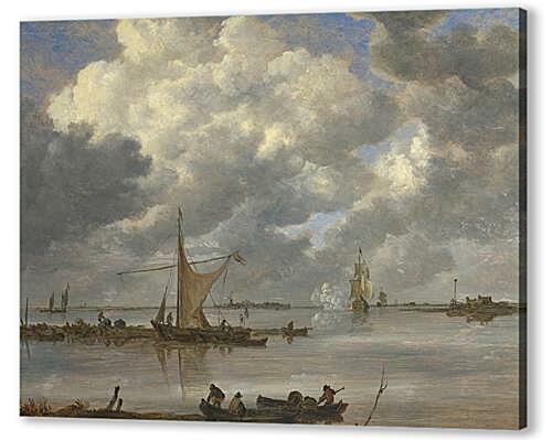 Картина маслом - An Estuary with Fishing Boats and Two Frigates
