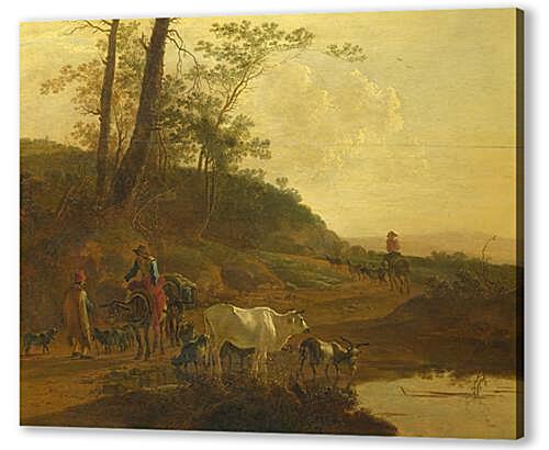 Men with an Ox and Cattle by a Pool
