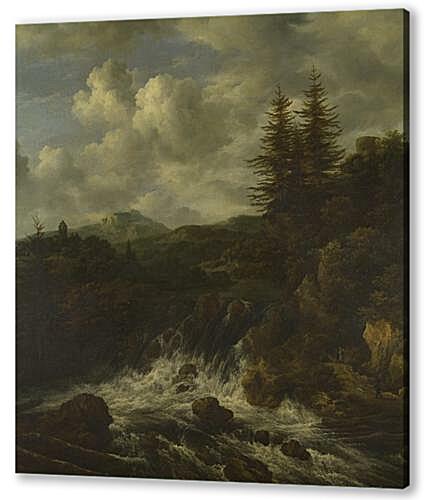 A Landscape with a Waterfall and a Castle on a Hill
