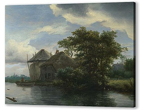 Картина маслом - A Cottage and a Hayrick by a River
