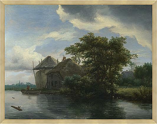 Картина - A Cottage and a Hayrick by a River
