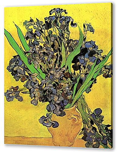 Still Life Vase with Irises Against a Yellow Background
