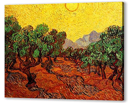 Olive Trees with Yellow Sky and Sun
